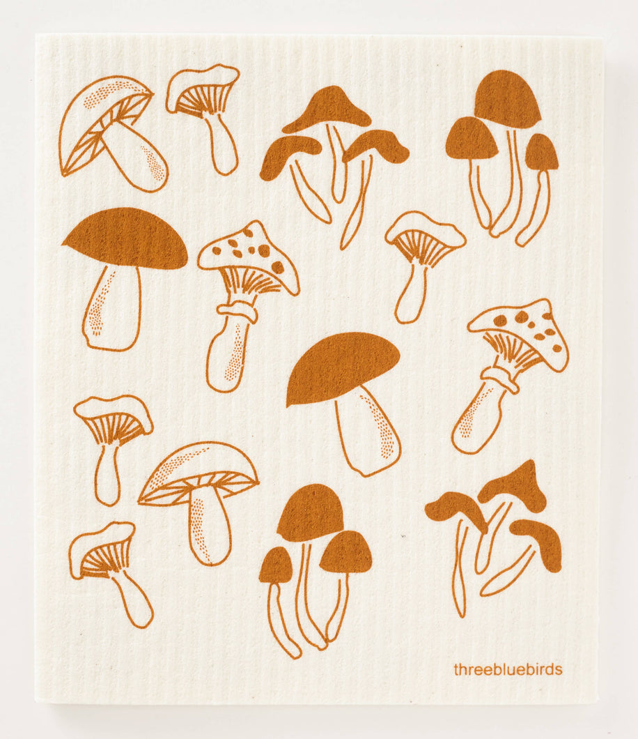 Three Bluebirds Swedish Dishcloths - Mushrooms on White