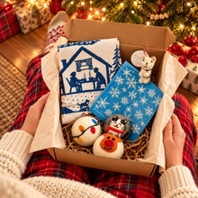A person holds an open gift box filled with Christmas-themed items, including a blue-and-white house print cloth, a blue snowflake cloth, a small white cat ornament, and three felt snowman faces. The scene is set in a cozy holiday environment with a Christmas tree and wrapped gifts in the background. 